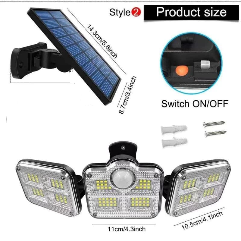 Luminaria Solar 122 Led Sensor De Movimento Controle Remoto Com Painel de Três Cabeças Giratorias T