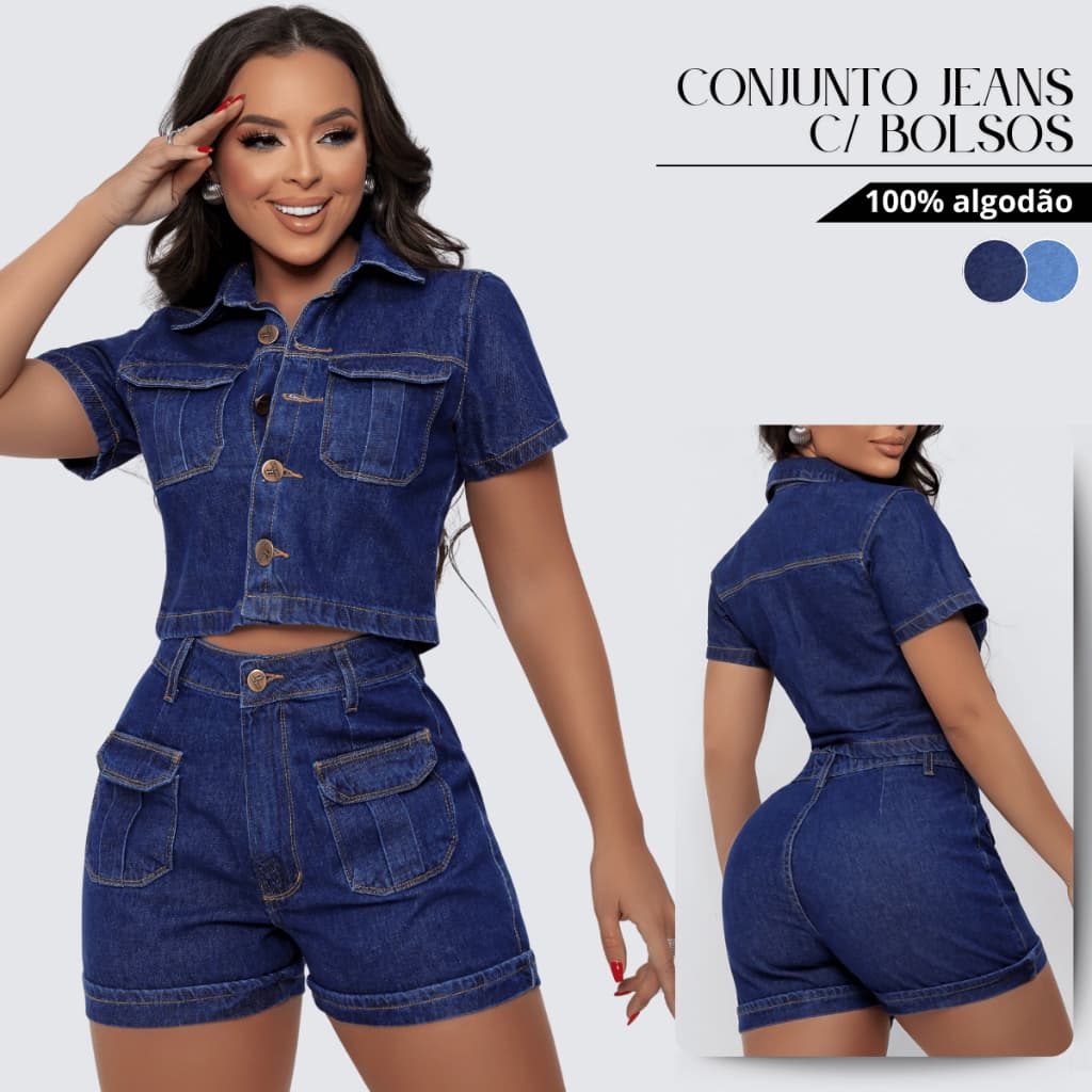 Conjunto Feminino Jeans Bolso Frontal sem Lycra Cropped Shorts Premium