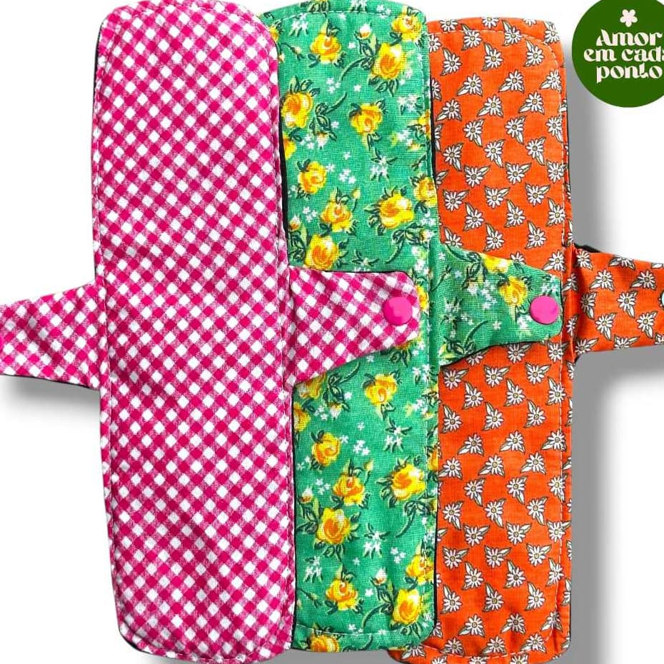 Kit 3 Absorventes Noturnos Ecológicos de Pano 100% algodão hipoalergênico impermeável reutilizável