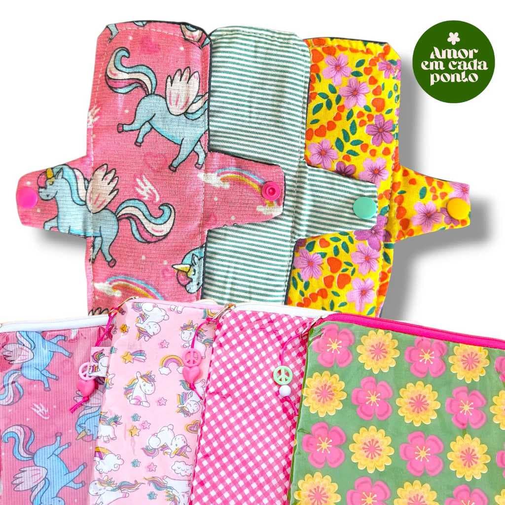 Kit 03 Protetores Diários Ecológicos Impermeáveis Reutilizáveis com Necessaire