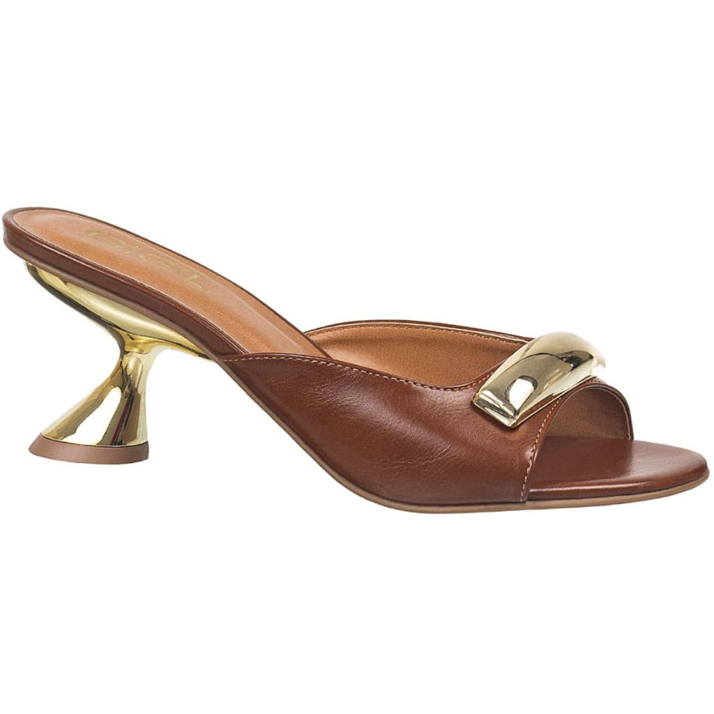 Sandália Feminina Tamanco Mule Salto Alto Taça Metalizado Enfeite Tira Dourado Elegante GiGiL