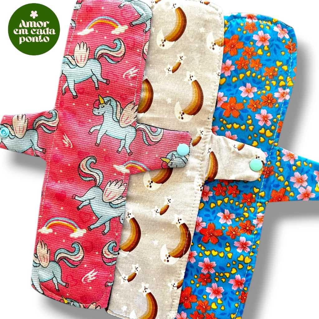 Kit 03 absorventes noturno plus 40 cm 100% algodão impermeável para fluxos fortes e intensos