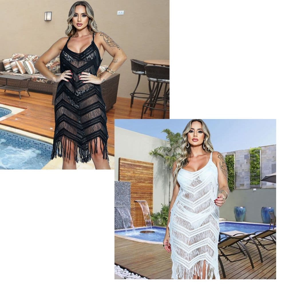 Saída de Praia Bico Arrastão Alça Kit 2 Peças Feminina – Tricô Poliéster Veste 36 ao 42