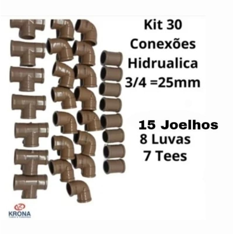 Kit 30 Conexões Alta Qualidade PVC Hidráulicos Soldável Agua Fria 25mm 3/4 15 Joelhos 8 Luvas 7 Tees