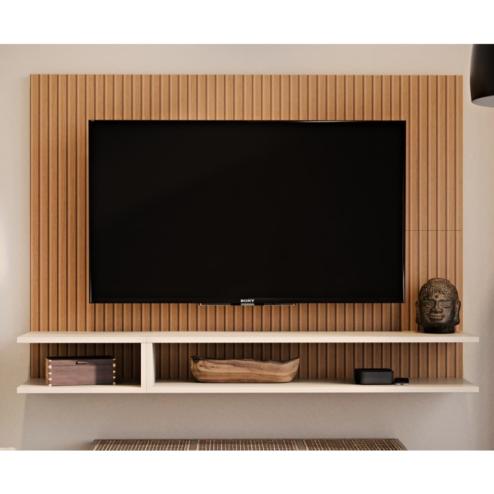 Painel Para TV Suspenso Sala / Quarto Prateleiras Nichos 50 Polegadas MILAO Preto - Nature
