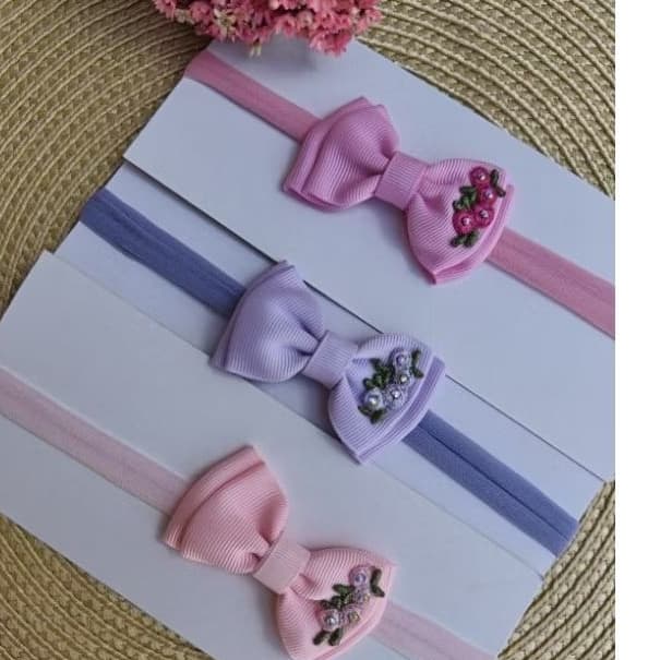 Faixa para bebê Laço infantil RN Tiara com bordado para bebê