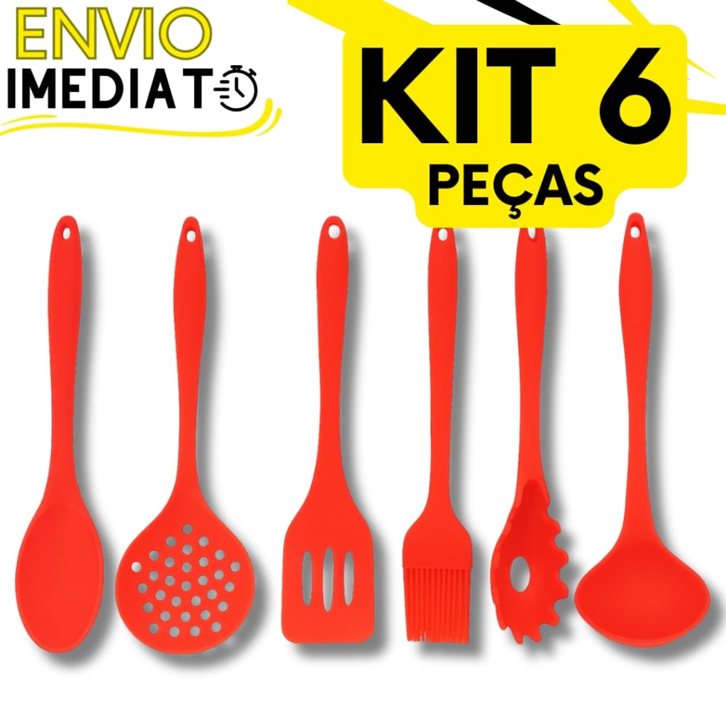 KIT Jogo 6 Utensílios de Cozinha Casa Silicone Resistente Colher Concha Escumadeira Espátula Pegador de Massa Pincel