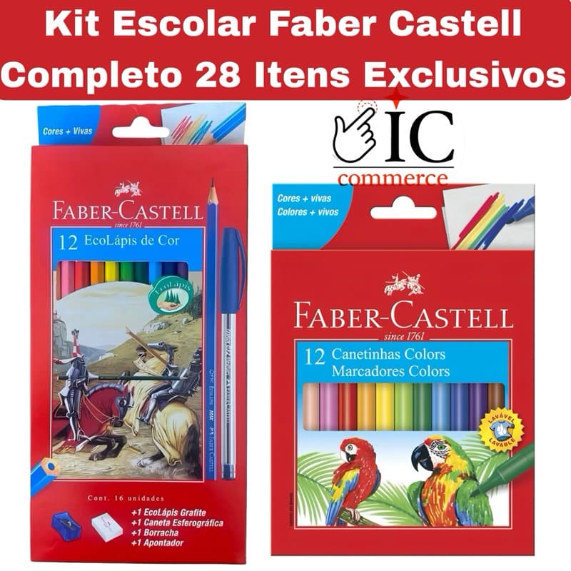 Kit Escolar Faber Castell Completo | Lápis de Cor 12 Cores + 2 Lápis + Apontador + Borracha+ Canetinha Hidrocor 12 Cores