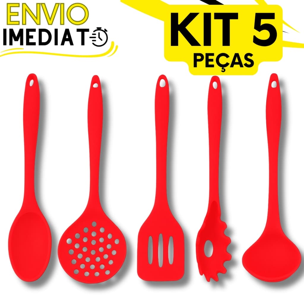 KIT Jogo 5 Utensílios de Cozinha Casa Silicone Super Resistente Colher Concha Escumadeira Espátula Pegador de Massa