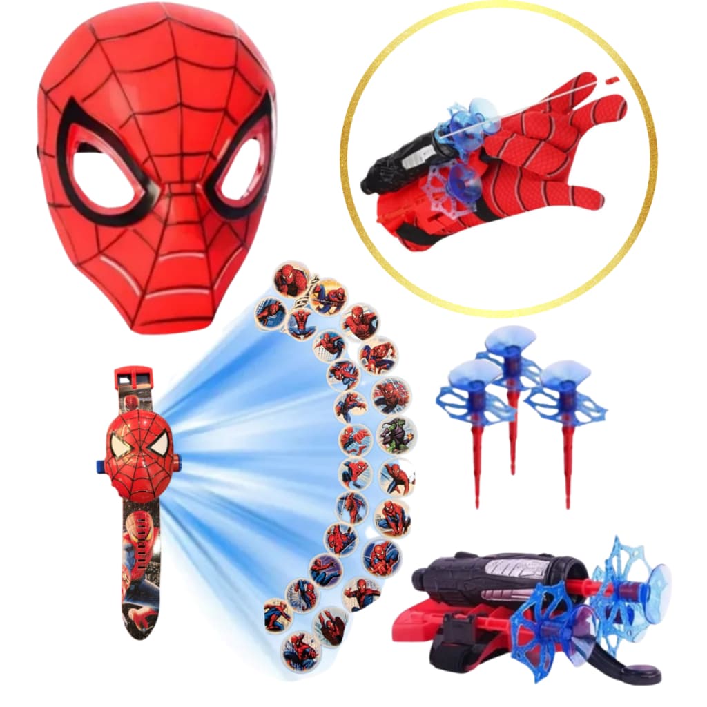 Kit homem Aranha Mascara + Relógio Projetor e Luva Lança Teias Spiderman