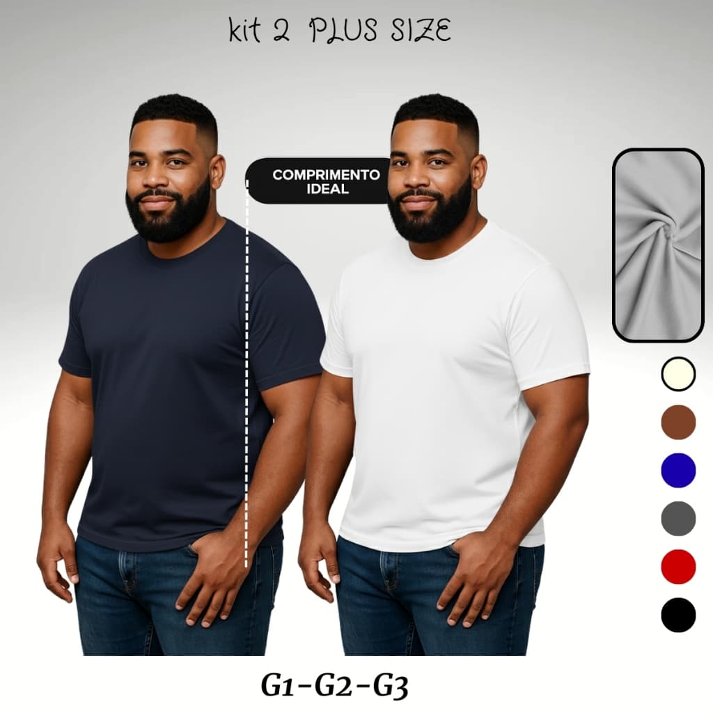 Kit 2 Camiseta Básica Casual Plus Size Masculina Algodão Premium