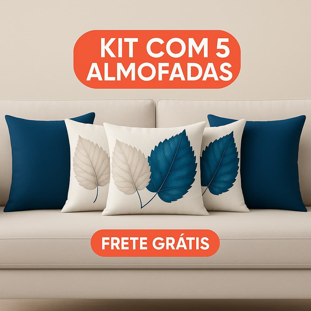 Kit 5 Almofadas Suede 45x45 Azul Marinho e Folhas Brancas Sublimação Premium Estilo Moderno Luxo
