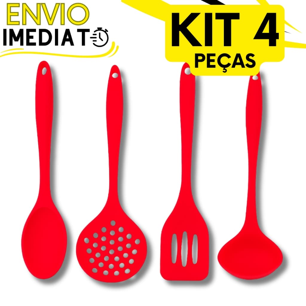 KIT Jogo 4 Utensílios de Cozinha Casa Silicone Premium Super Resistente Colher Concha Escumadeira Espátula Não Risca