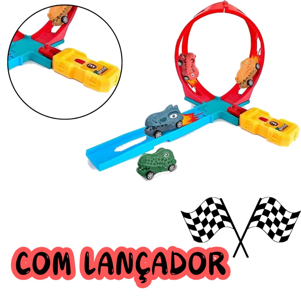 Kit Pista Dinossauro com 9 Peças Carrinhos em Formato de Dinossauros Looping 360º Brinquedo Infantil