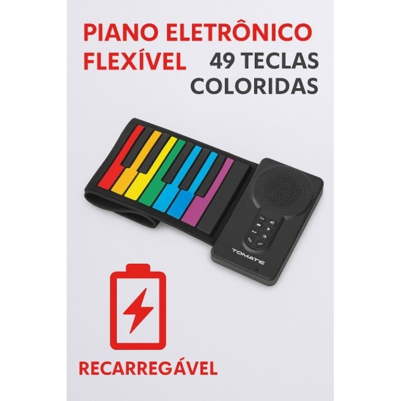 Piano Eletrônico Flexível 49 Teclas Coloridas Recarrregável Portátil Infantil e Adulto Tomate
