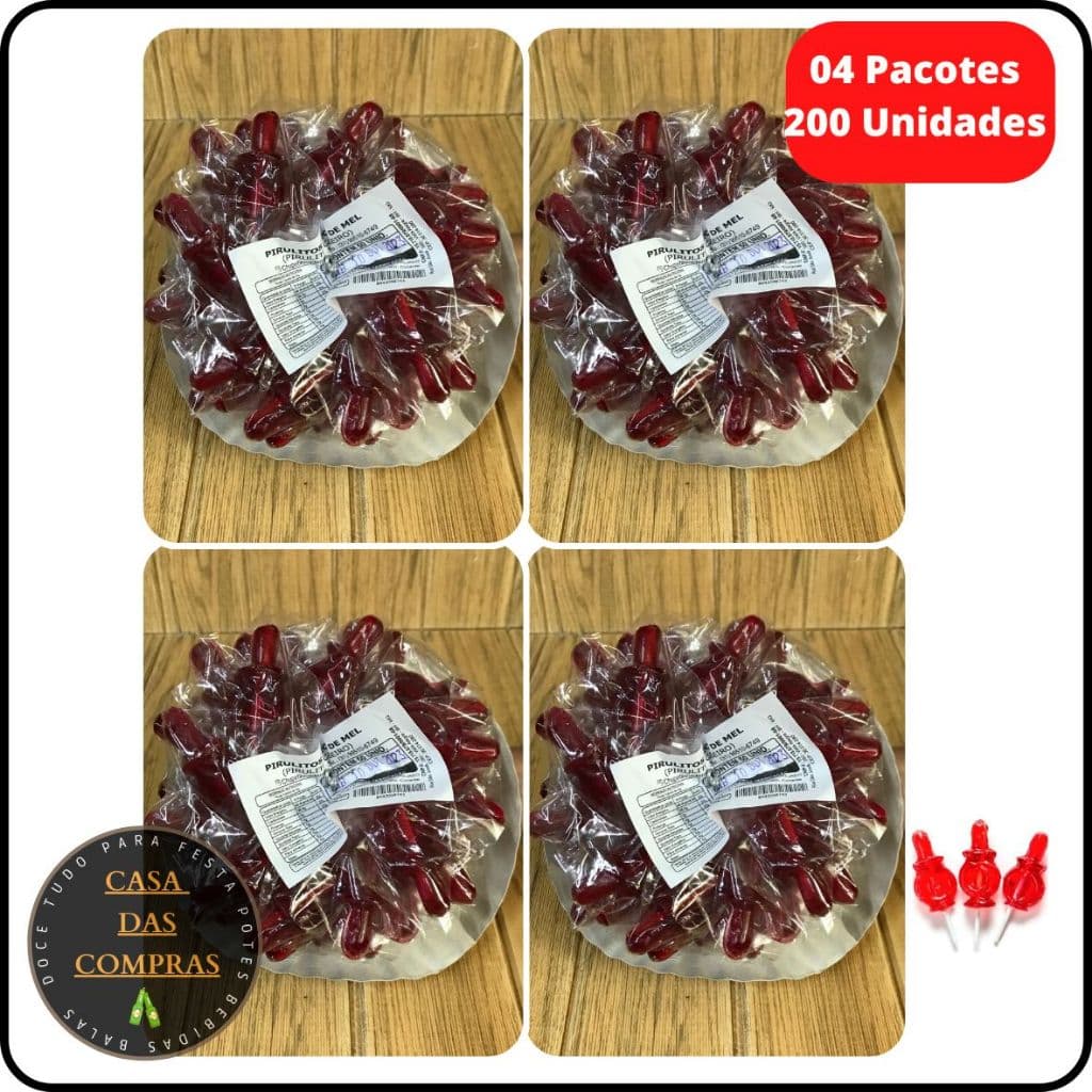 Pirulito Chupeta Vermelho Kit Com 200 Unidades (04 Pacotes)