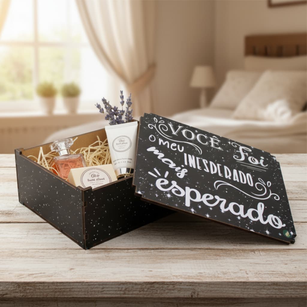 Caixa de Presente MDF Você Foi o Meu Inesperado Mais Esperado com Tampa para Casal 23x17x9 cm