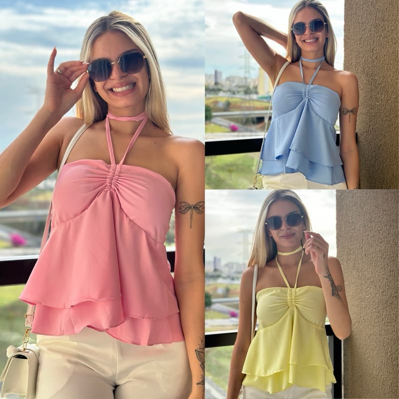 Kit 2 Batinha Top Feminino Babado Duplo Chocker – Blusinha Estilosa com Gola Laço