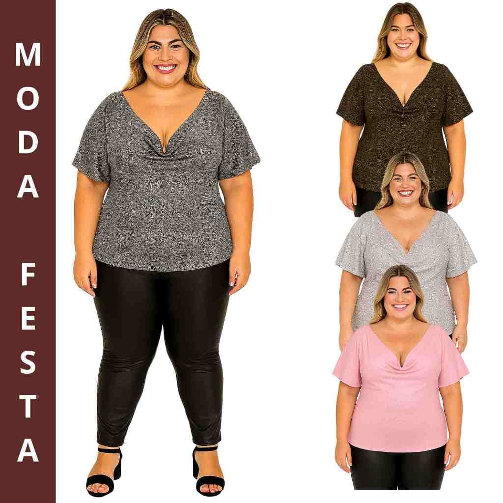 Blusa para Festa Plus Size Lurex Prateada Dourada Festa Brilho Noite Elegante Chique GG G1 G2 G3 Promoção