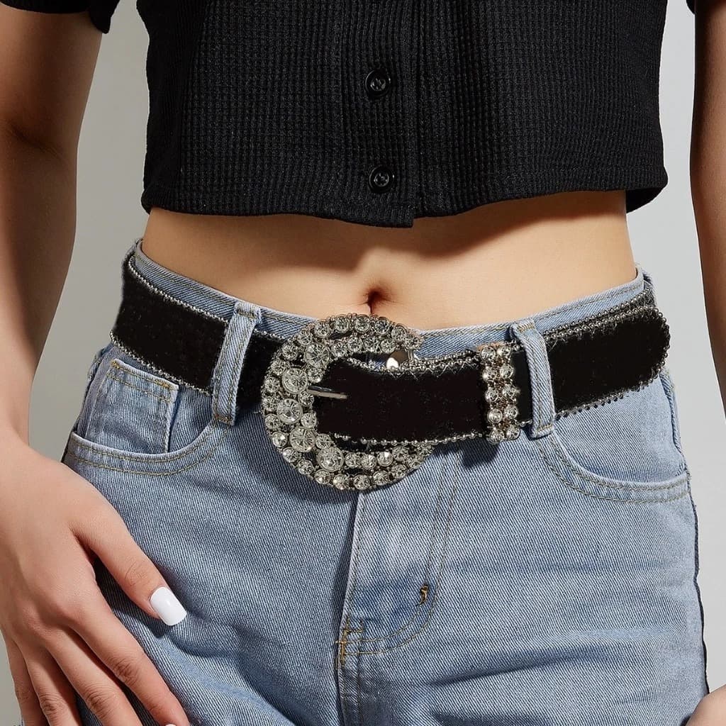 Cinto feminino country couro sintético com pedraria 1 fivela