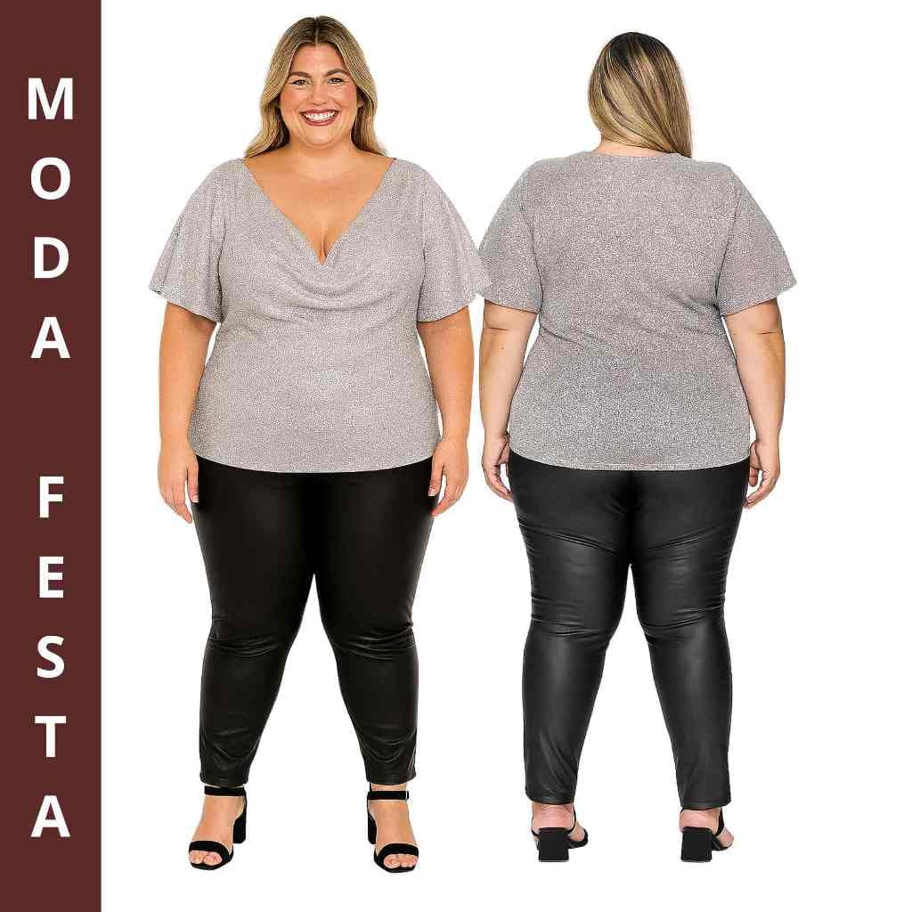 Blusinha Festa Noite Plus Size com Elastano Gola Boba Degagê, Manga Evasê Flare Envio em 24 hs