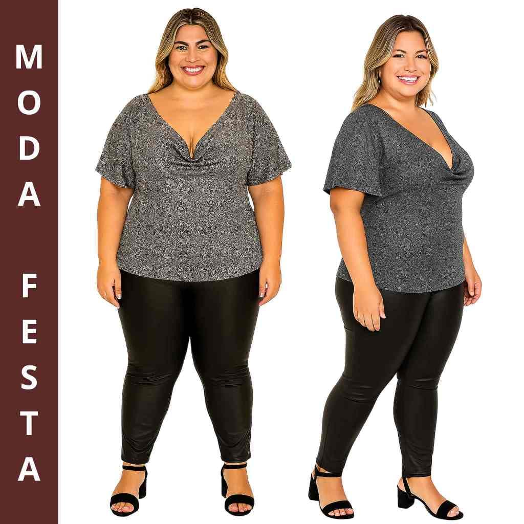 Blusa Plus Size Gola Caida Lurex Prata Prateada Dourada Brilho Noite Festa GG G1 G2 G3 G4 Com Elastano Envio Imediato