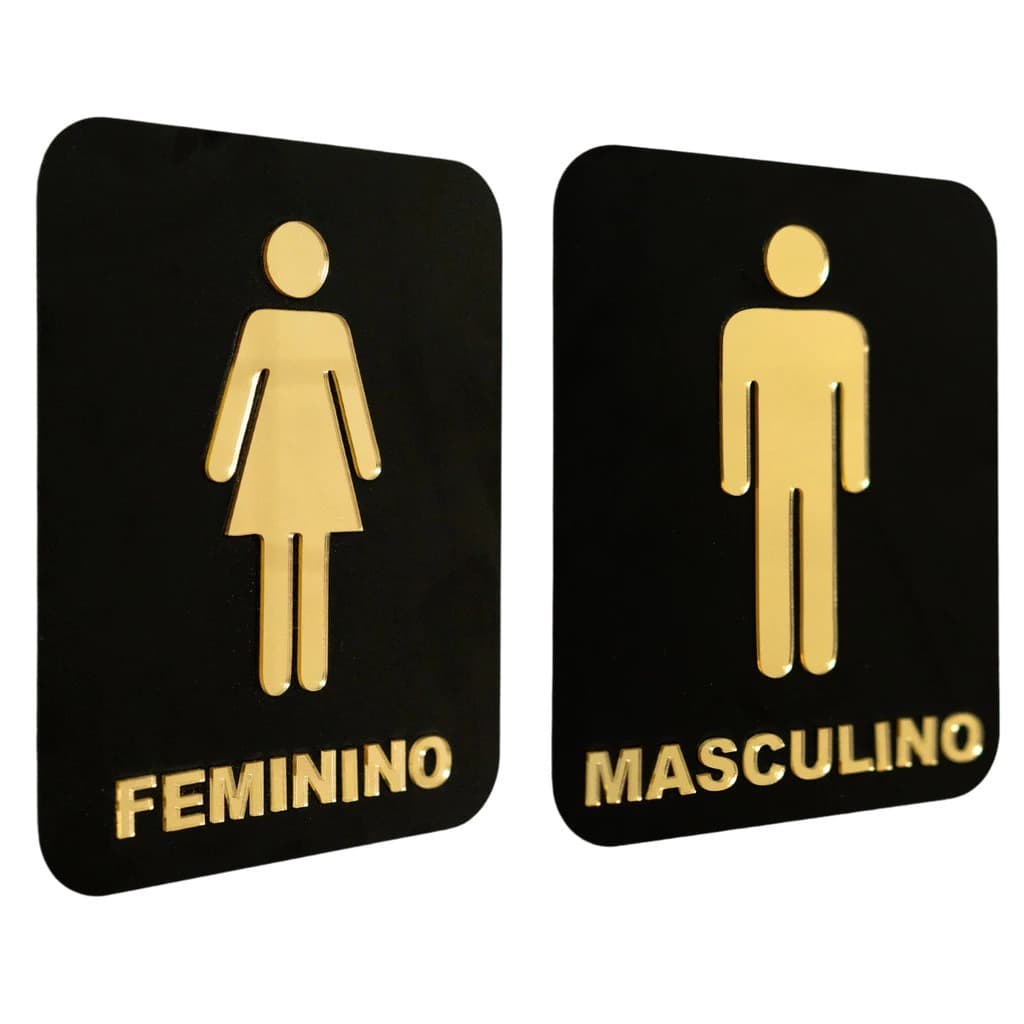 Kit 2 Placas Banheiro em Acrílico Espelhado Masculino Feminino Placa de Sinalização