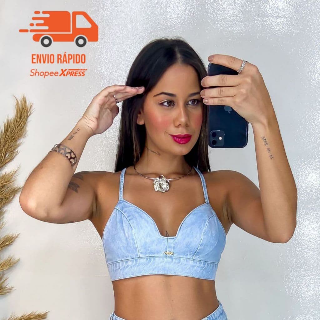 Top Cropped Jeans Feminino Claro Sem Bojo Moda Blogueira Ajustável Sem Elastano Modelador Verão
