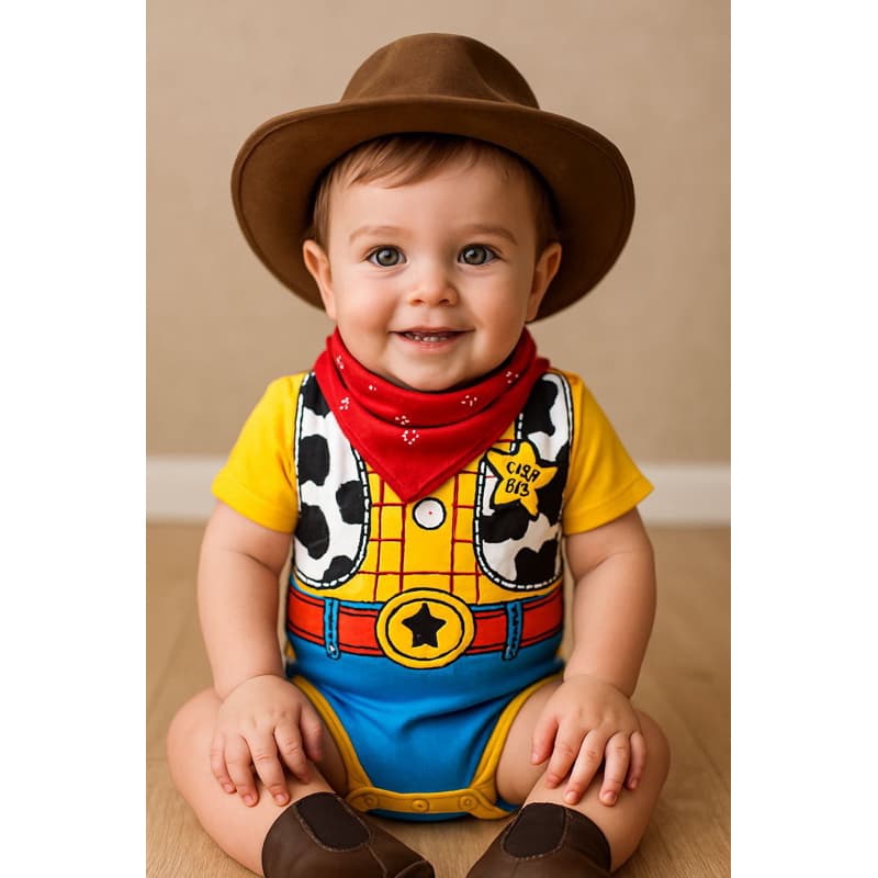 Body Temático Woody Toy Story, Com Acessórios Opcionais, Chapéu, Bota e Lenço, Menino, Aniversário ou Mesversário