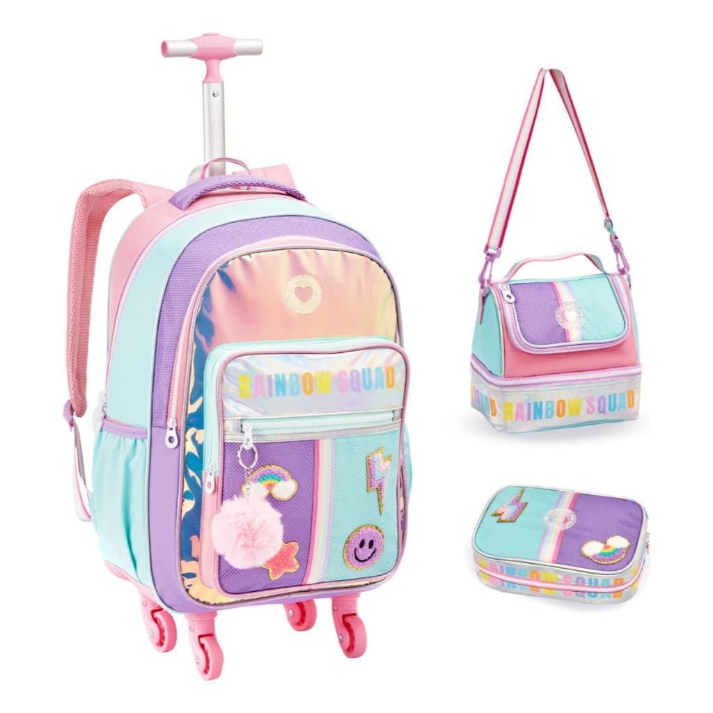 Mochila Infantil Menina Rodinha 360 Escolar Rainbow Holográfica Com PomPom Kit Bolsa Feminina 3pcs Lancheira e Estojo