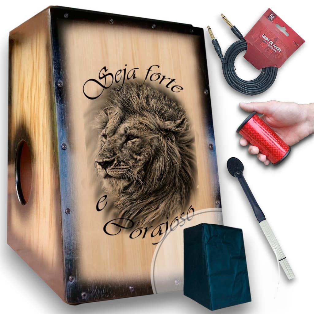 Cajón/Carron Elétrico Leão Seja Forte + Sleep + Vassourinha + Cabo