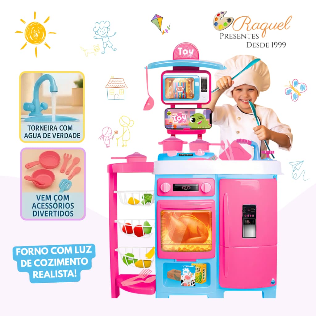Cozinha Infantil Completa ou Bancada com Geladeira Forno Fogão Micro-ondas Torneira que Sai Água de Verdade