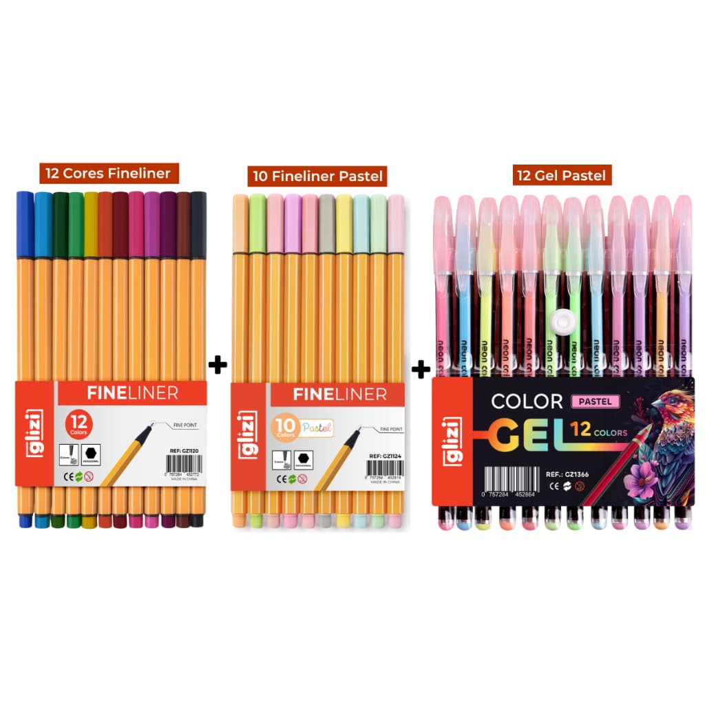 Kit Canetas Coloridas Ponta Fina 12 Cores + 10 Cores Pastel + 12 Gel Pastel ou Neon Highlighter