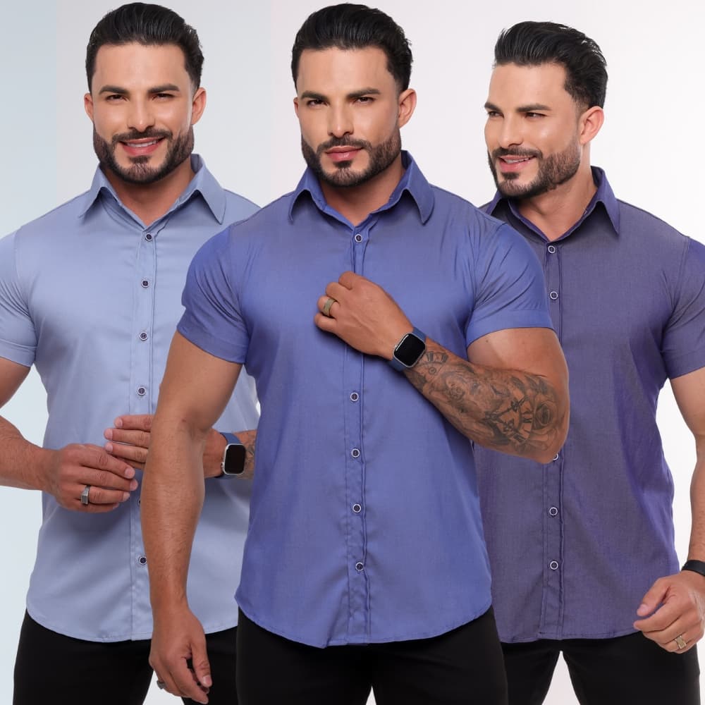 Camisa Jeans Tencel Masculina Manga Curta Slim Fit Social e Casual Verão