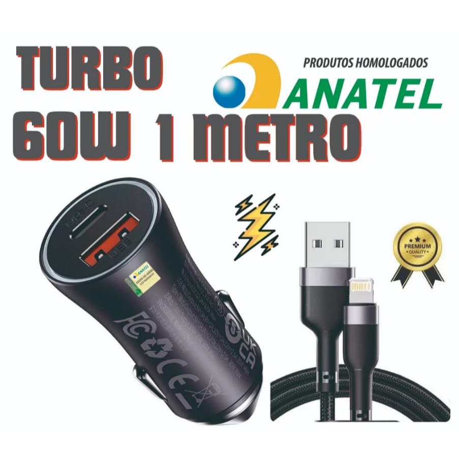 Carregador Celular AUTOMOTIVO 60W TURNO p/ IPHONE  11 12 13 14 | Fonte Veicular Certificado Anatel
