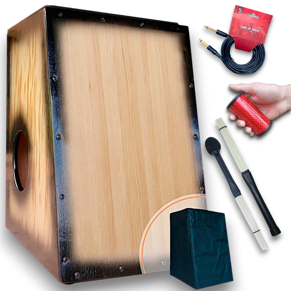 Cajon/Carron Madeira Especial Natural + Chocalho de pé + Baqueta + Vassourinha