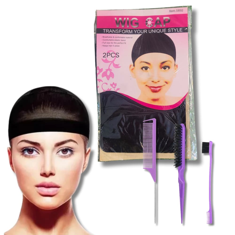 Touca Para Peruca Wig Cap Elástica Respirável  Feminina  2 Unidades com 3 Pentes de Acabamento