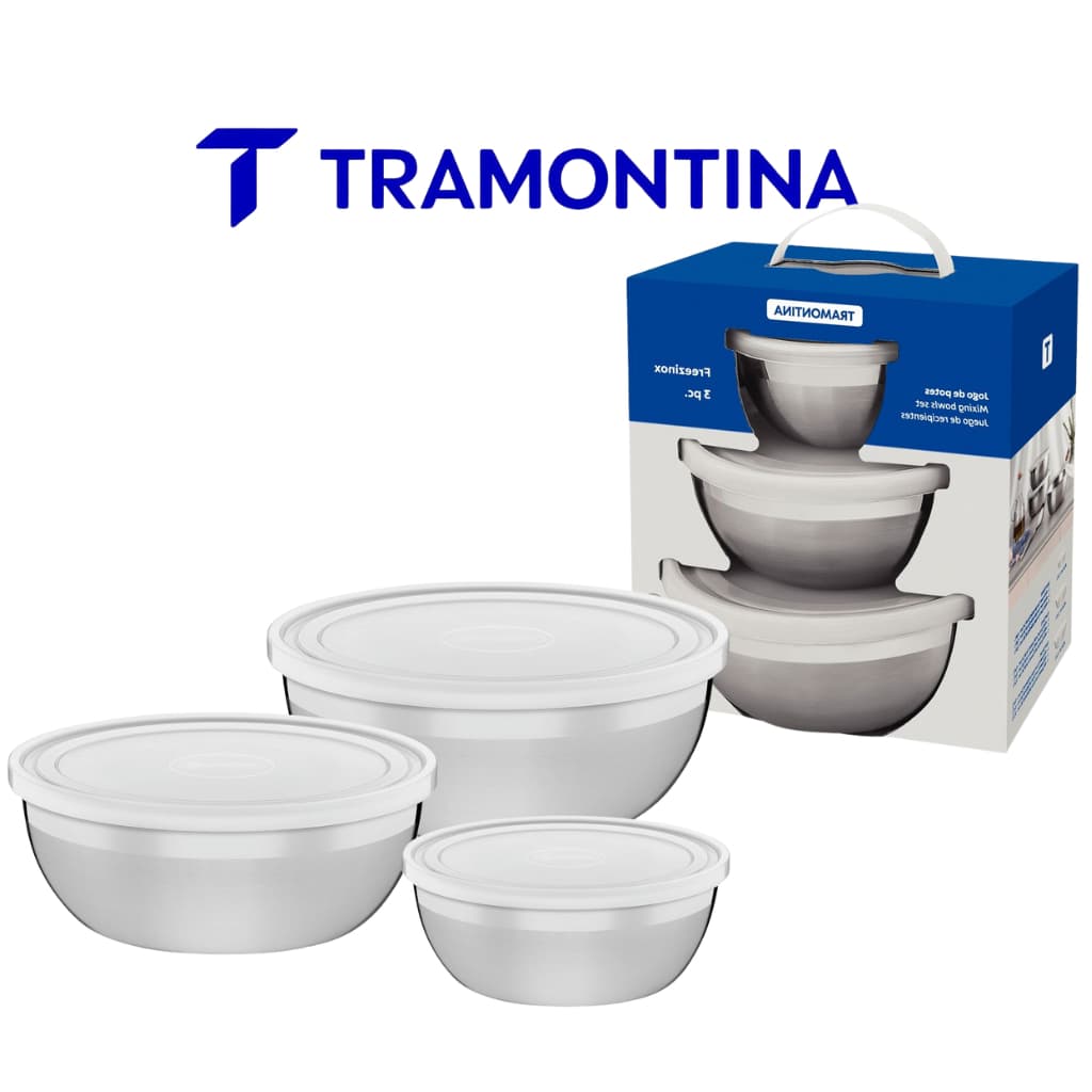 Jogo de Potes Tigela Bowl Cumbuca  em Aço Inox com Tampa Plástica Tramontina Freezinox 3 Peças