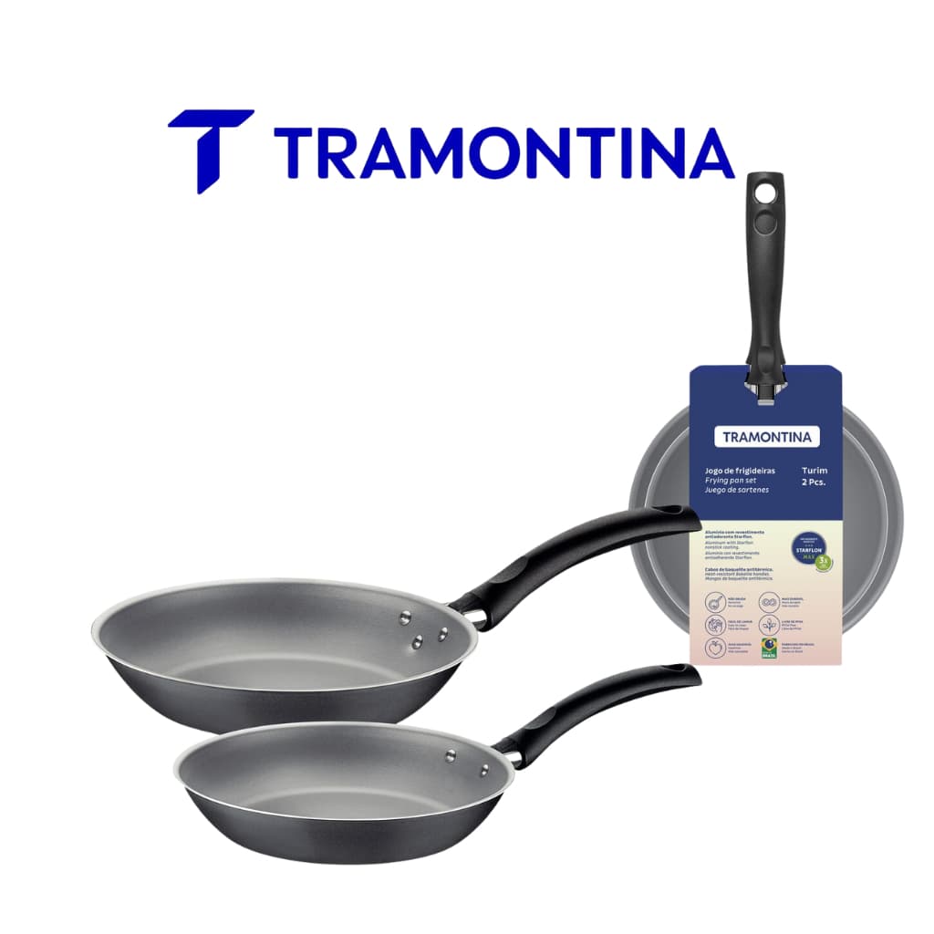 Jogo de Frigideiras Tramontina Turim 2 Peças Alumínio Antiaderente Interno e Externo Fritar Ovo Carne Fogão Cozinha