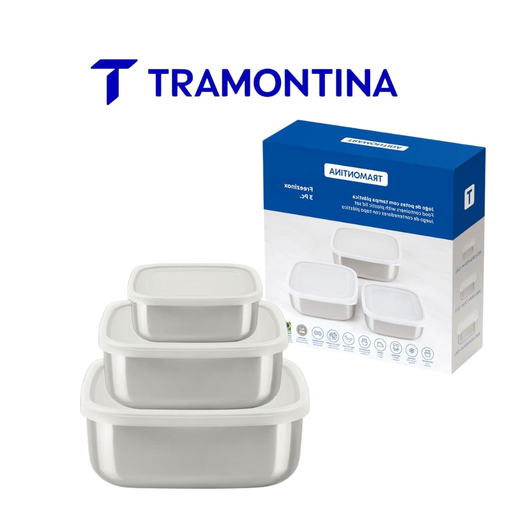 Jogo de Potes Tramontina Freezinox Quadrados em Aço Inox com Tampa Plástica 3 Peças