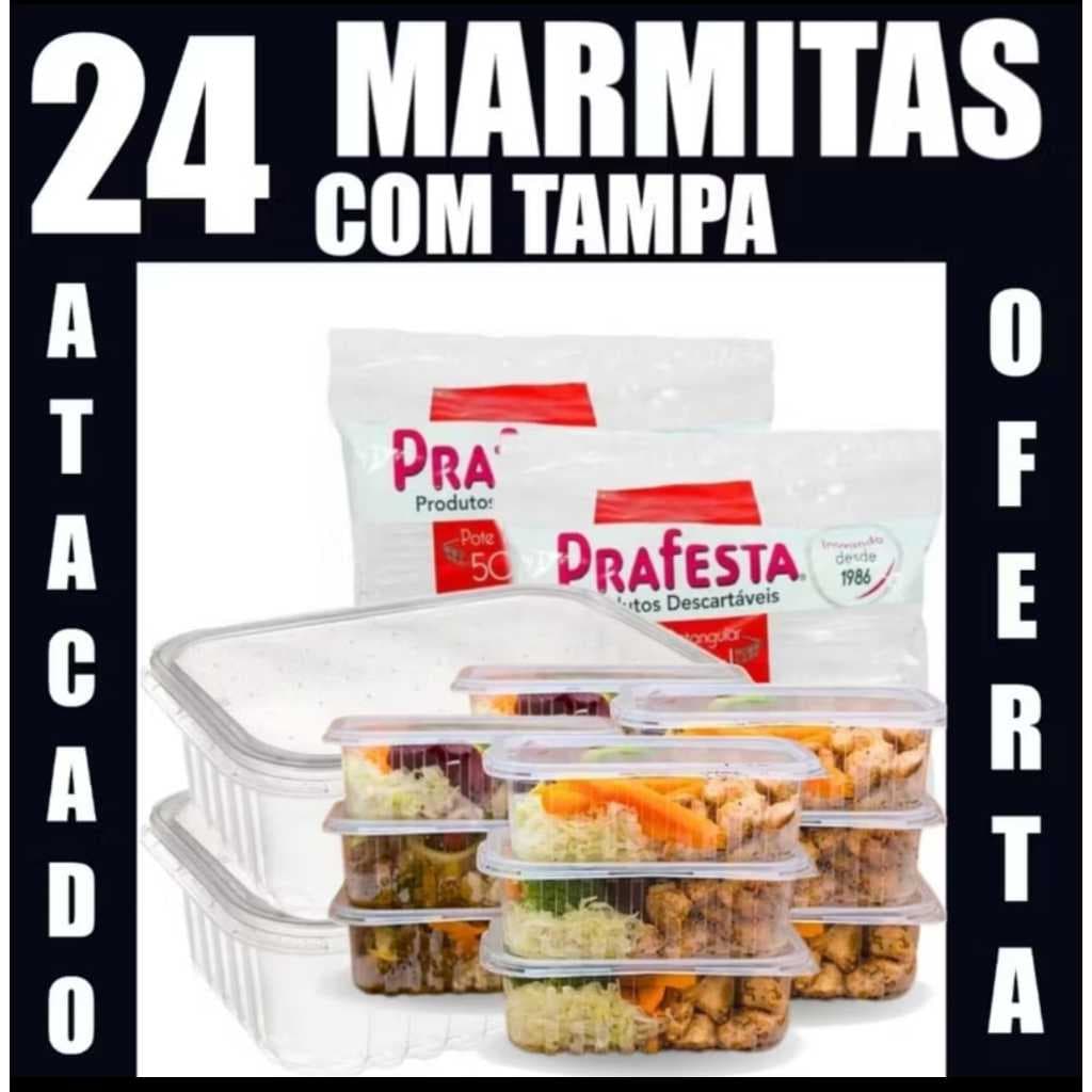 Kit 24 Potes Marmita Descartável Retangular 500ml Fitness Freezer Microondas dieta PRAFESTA