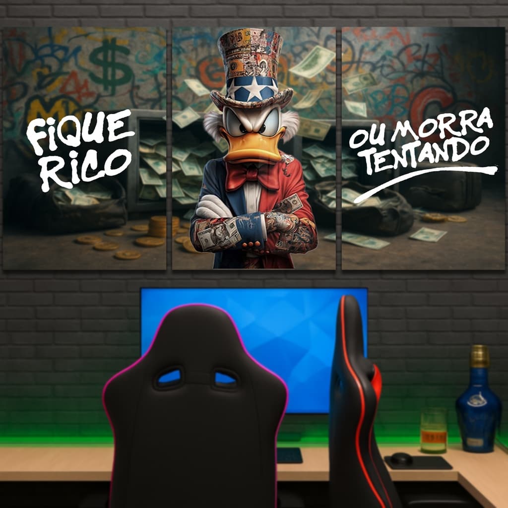 Quadro Decorativo Tio Patinhas Dinheiro Ostentação Fique Rico ou Morra Tentando Bitcoin Investimento