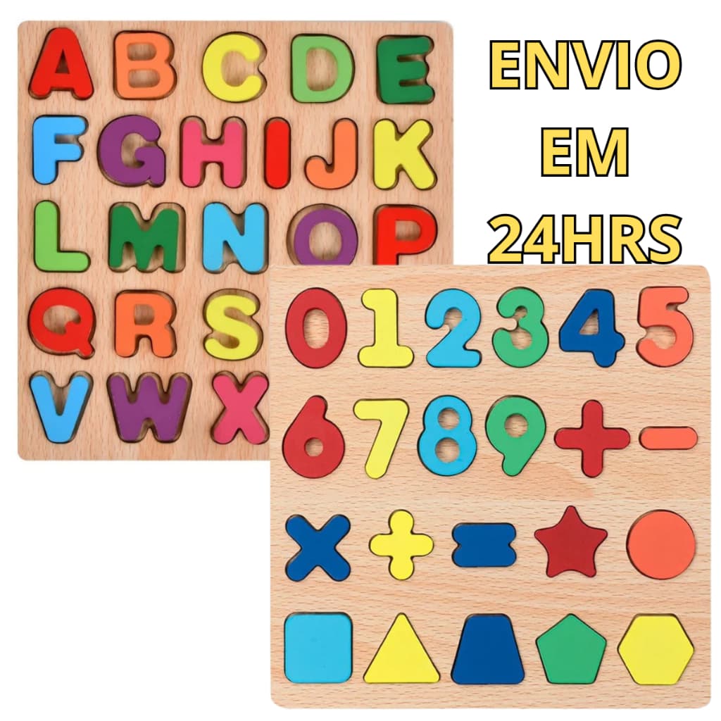 Kit 2 Tabuleiros Educativos Montessoriano em Madeira Alfabeto Números e Formas Brinquedo Pedagógico