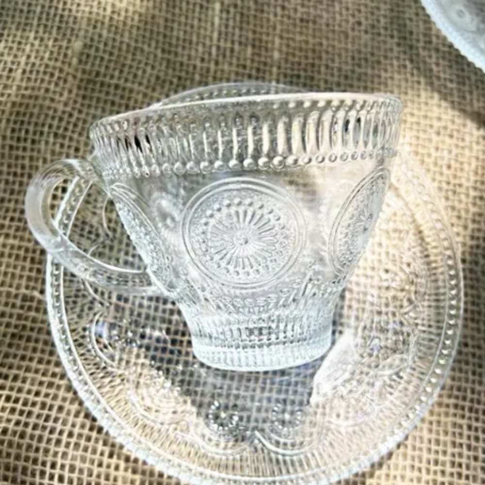 Jogo de Xícaras 6 Peças com Pires de Vidro Clear 220ml Elegante Vidro Clear Transparente Presente