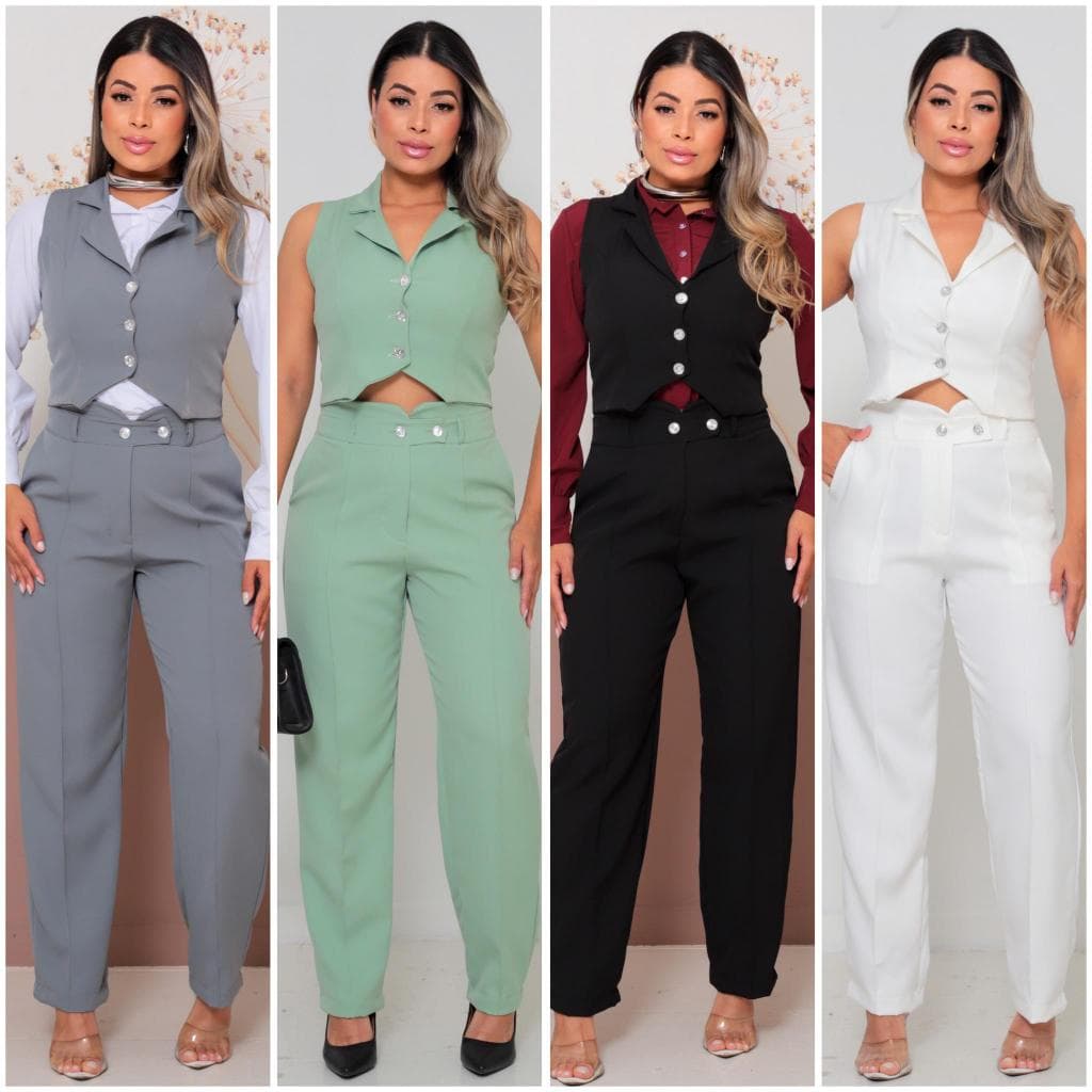 CONJUNTO ALFAIATARIA COLETE CALÇA ELEGANTE  COM DETALHES NA CINTURA E BOTÕES