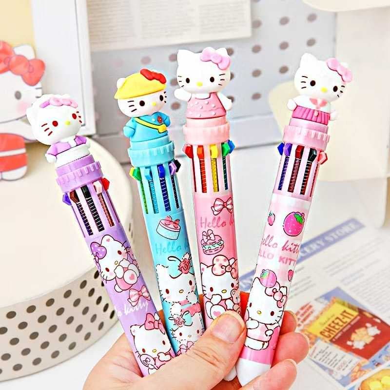 Caneta 10 Cores Hello Kitty Esferográfica Escrita Kawaii ✨ Colorida e Fofa para Escola e Escritório