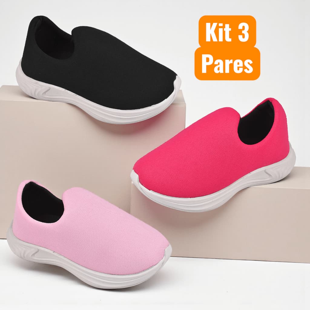 Kit 3 Pares Tênis Infantil Menina Calce Facil Confortável Casual para o Dia a Dia Escola
