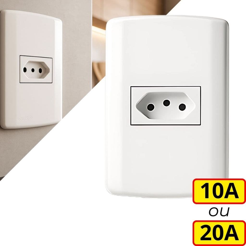 Tomada Elétrica 10A 20A Amperes Modular Pino Grosso Linha Pluzi Branca Para Airfryer Microondas