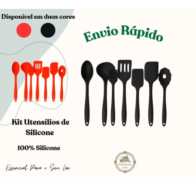 Kit com 7 Itens Utensílios de Silicone Jogo de Cozinha Vermelho e Preto LEVE MAIS PAGUE MENOS