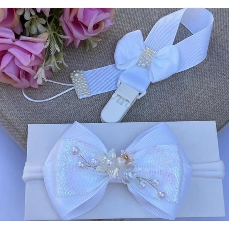 tiara de cabelo bebê batizado branco kit